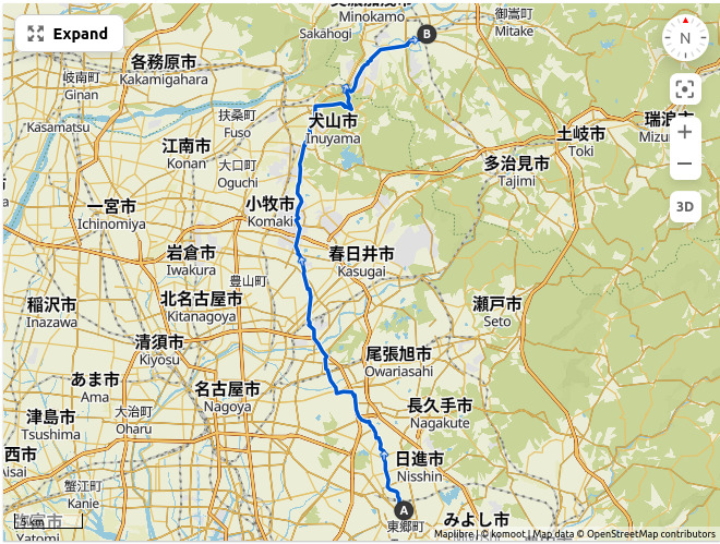 A route map between home in Nisshin and the campground on the Kiso river