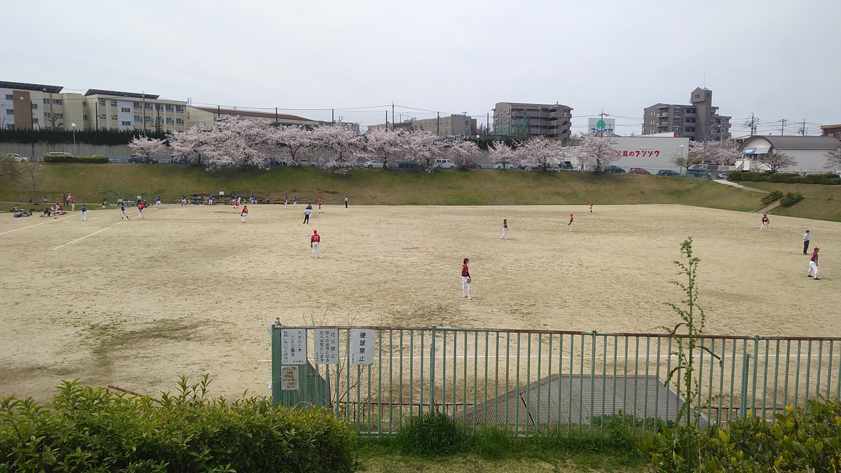 A view from above of a clay-surfaced sports ground with cherry trees in bloom on a hill behind.