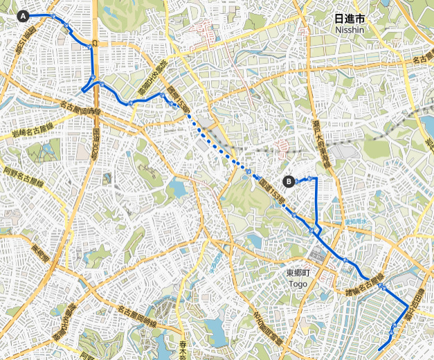 A route from Nisshin to Nagoya University and Miki Flower Center and return