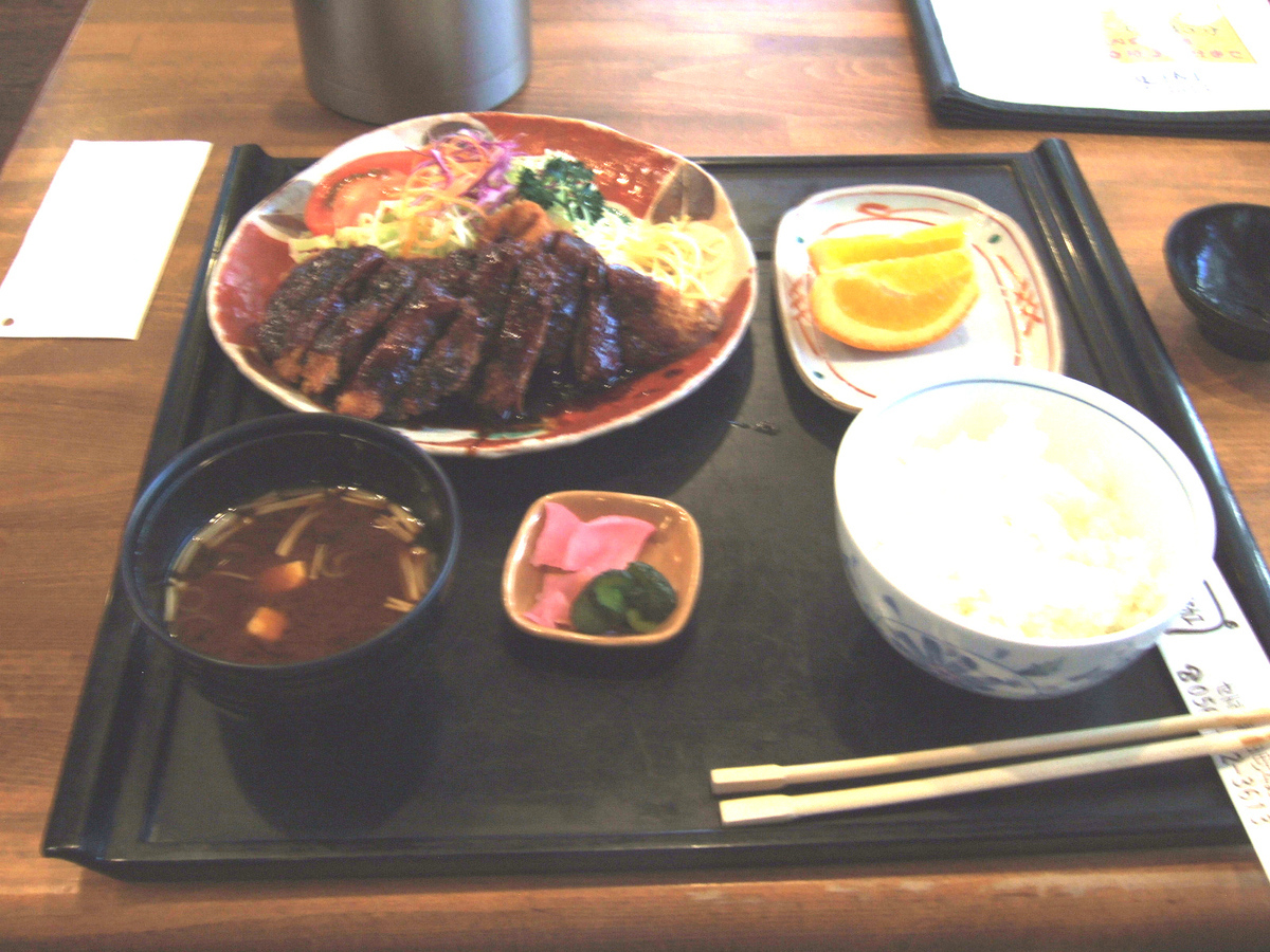 A set lunch of miso cutlet and side dishes