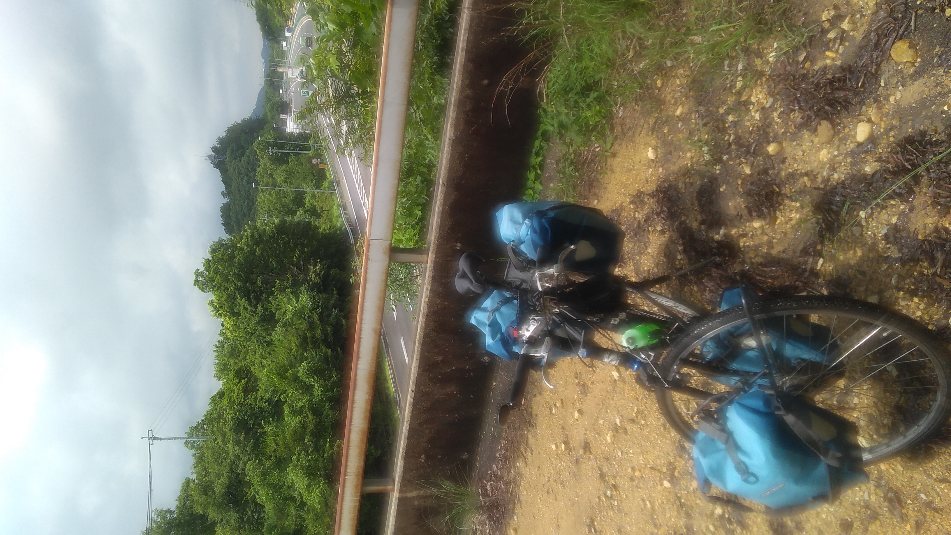 Bicycle with front and rear panniers parked at the rusted steel railing of a footbridge, with two lanes of a four-lane freeway visible below.