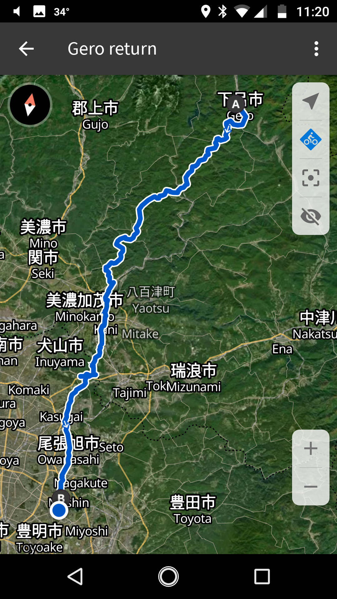 Map of a route from Gero Kanko Hotel in Gero to home in Nisshin