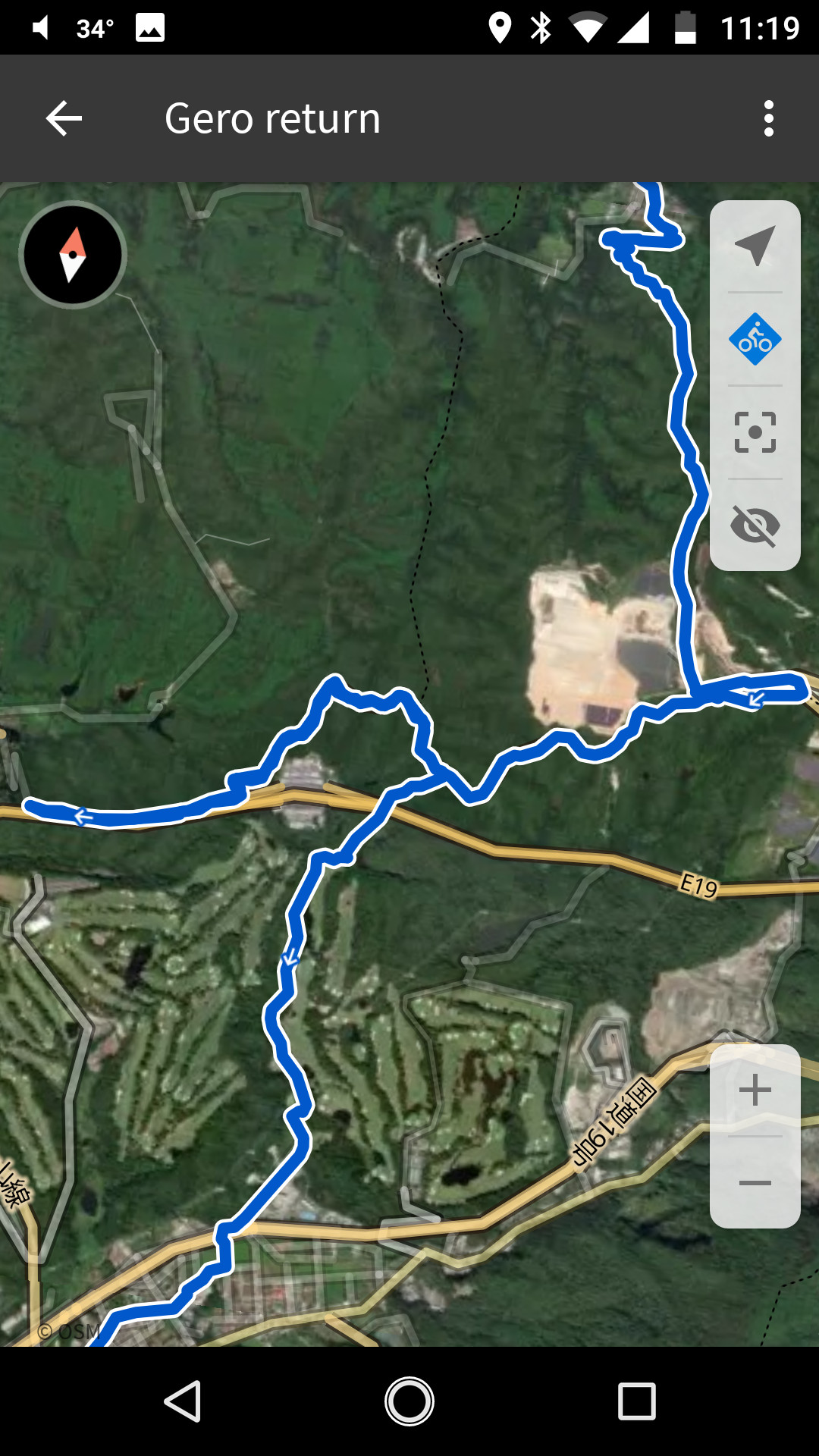 Detail of route from Gero Kanko Hotel in Gero to home in Nisshin, showing a failed attempt to find an expressway crossing.