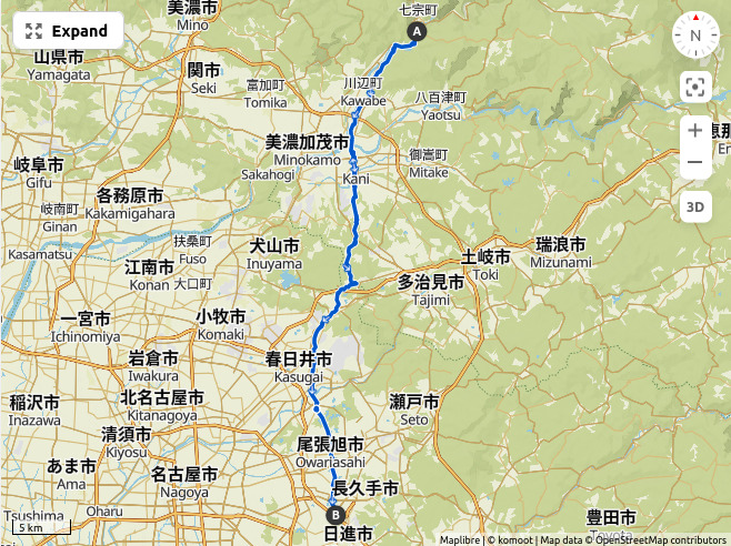 Map of a route from Futoppara Campground in Hichisō to Nisshin