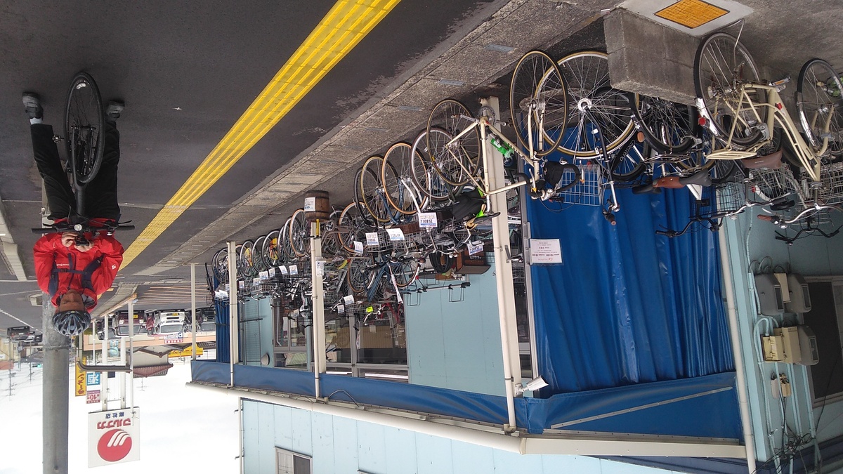 A street view of a bicycle shop, with many bikes on display in front. A Dioss road bike (mine) is leaning against a pillar in the foreground, Across the sidewalk running in front of the store, a rider (Jonathan) waits astride his bike while messaging on his phone.