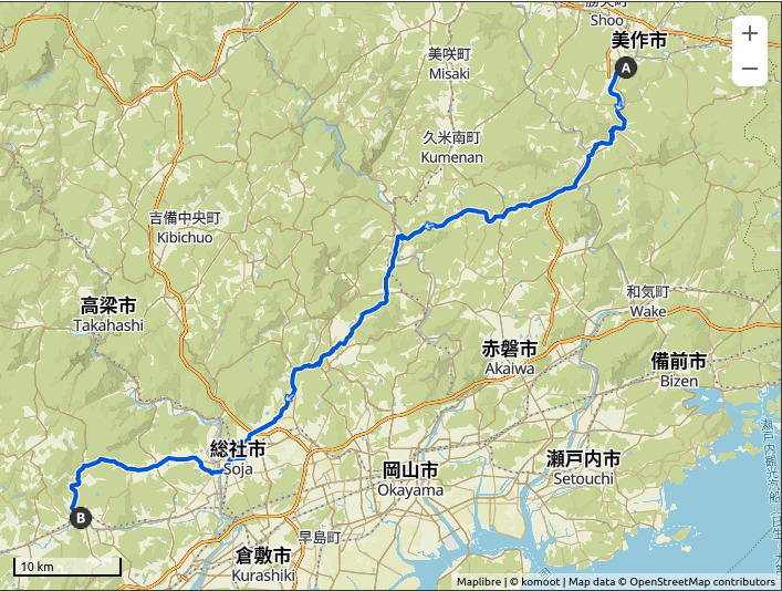 Map of a route from the Yunogo hot spring resort in Okayama to the Yakage hot spring resort