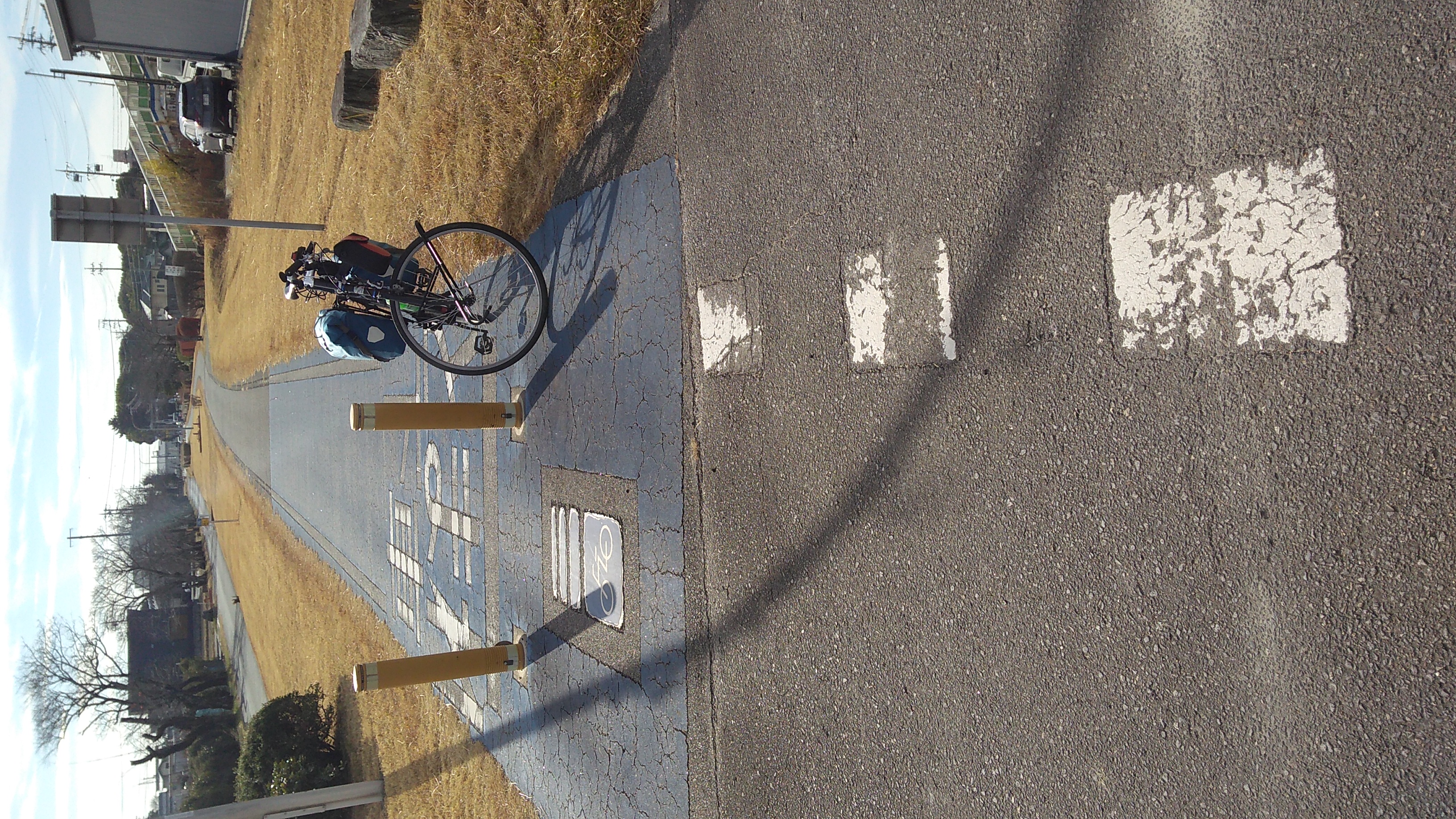 A black bicycle with blue panniers parked on a paved bicycle path.