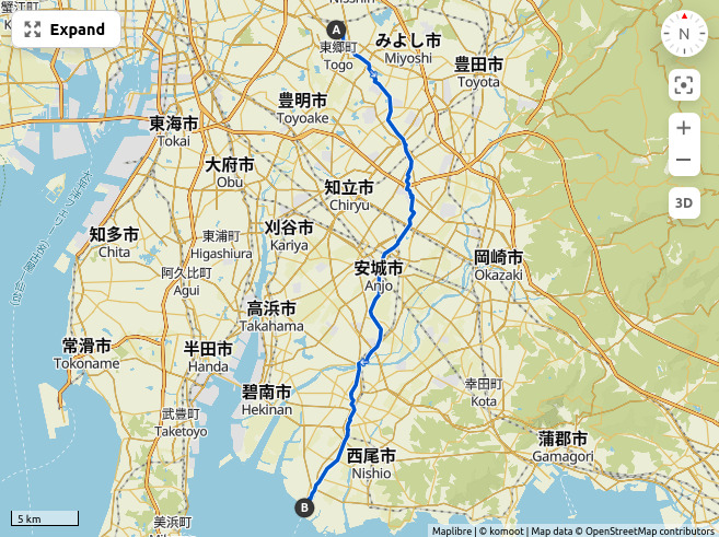 Map of a route south from Nisshin to the Sakushima ferry terminal