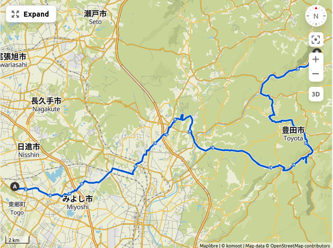 A map showing a circuitous route between Nisshin and the village of Sasado.