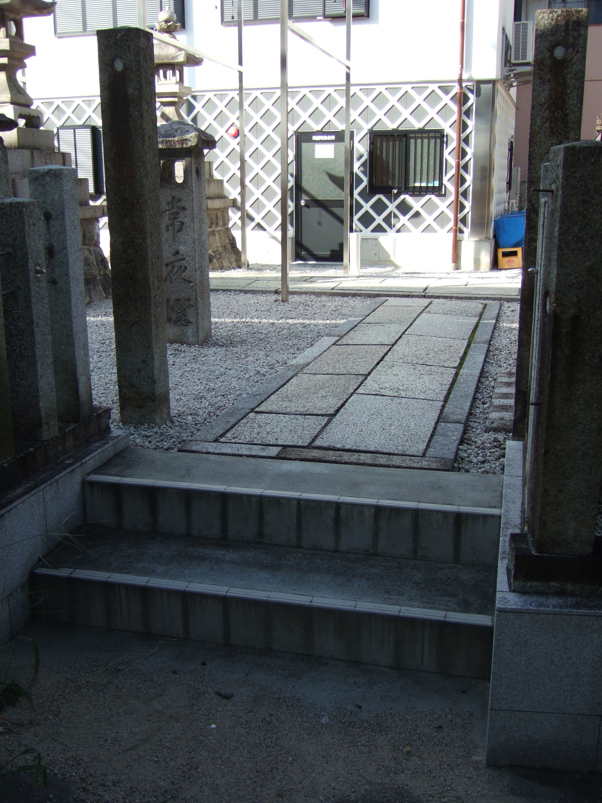 Two stone steps leading to a stone-paved walkway.