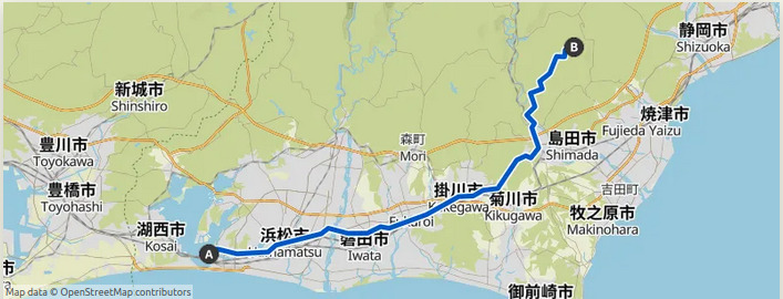 Map of a route from Nagisaen Campground to Okubo Campground