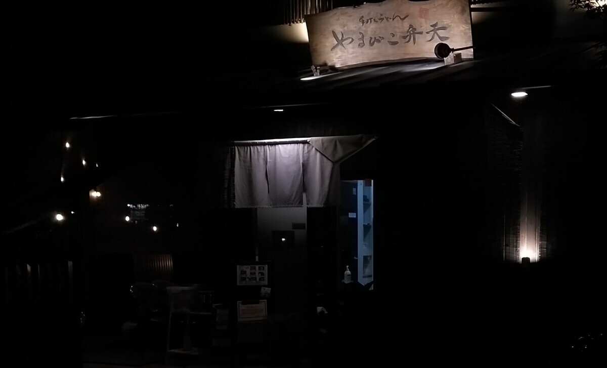 A restaurant entrance, too dark to see anything but the sign over the entrance, which reads (transliterated): “Te-uchi udon / Yamabiko Benten”