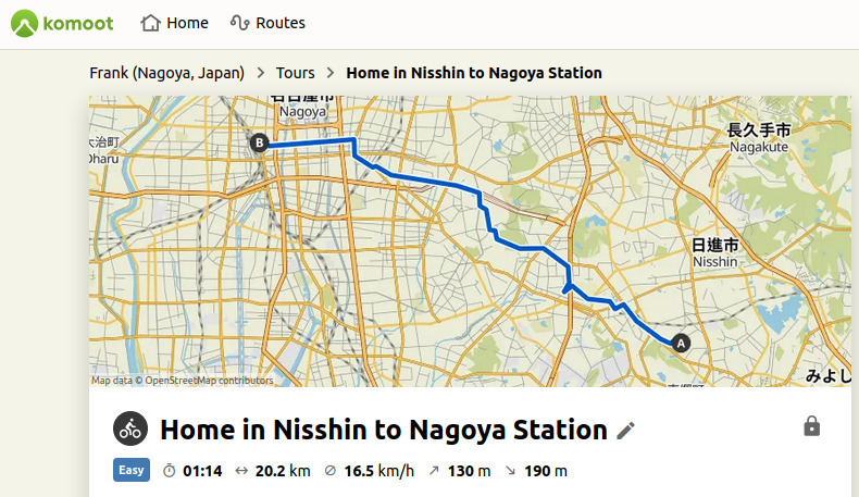 Route map from home in Nisshin to Nagoya Station