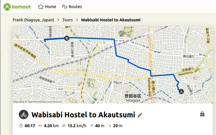 Route map from Wabisabi Hostel to Akautsumi.