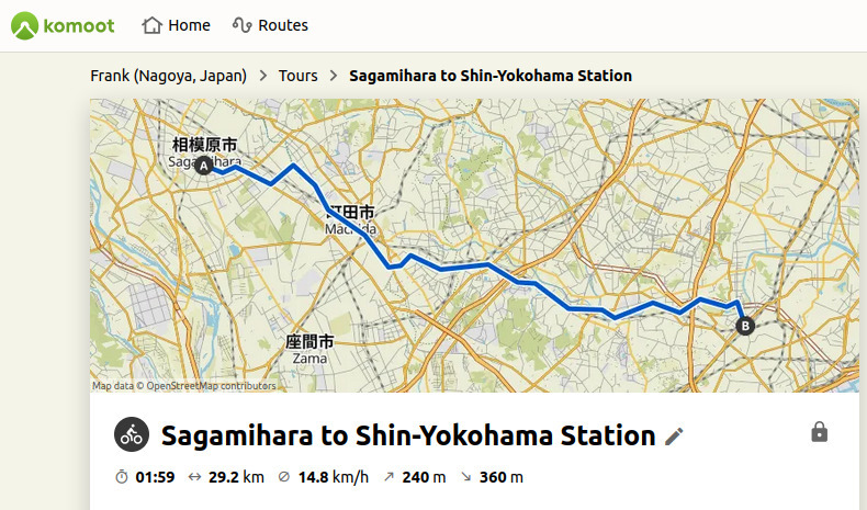 Route map from Sagamihara to Shin-Yokohama Station